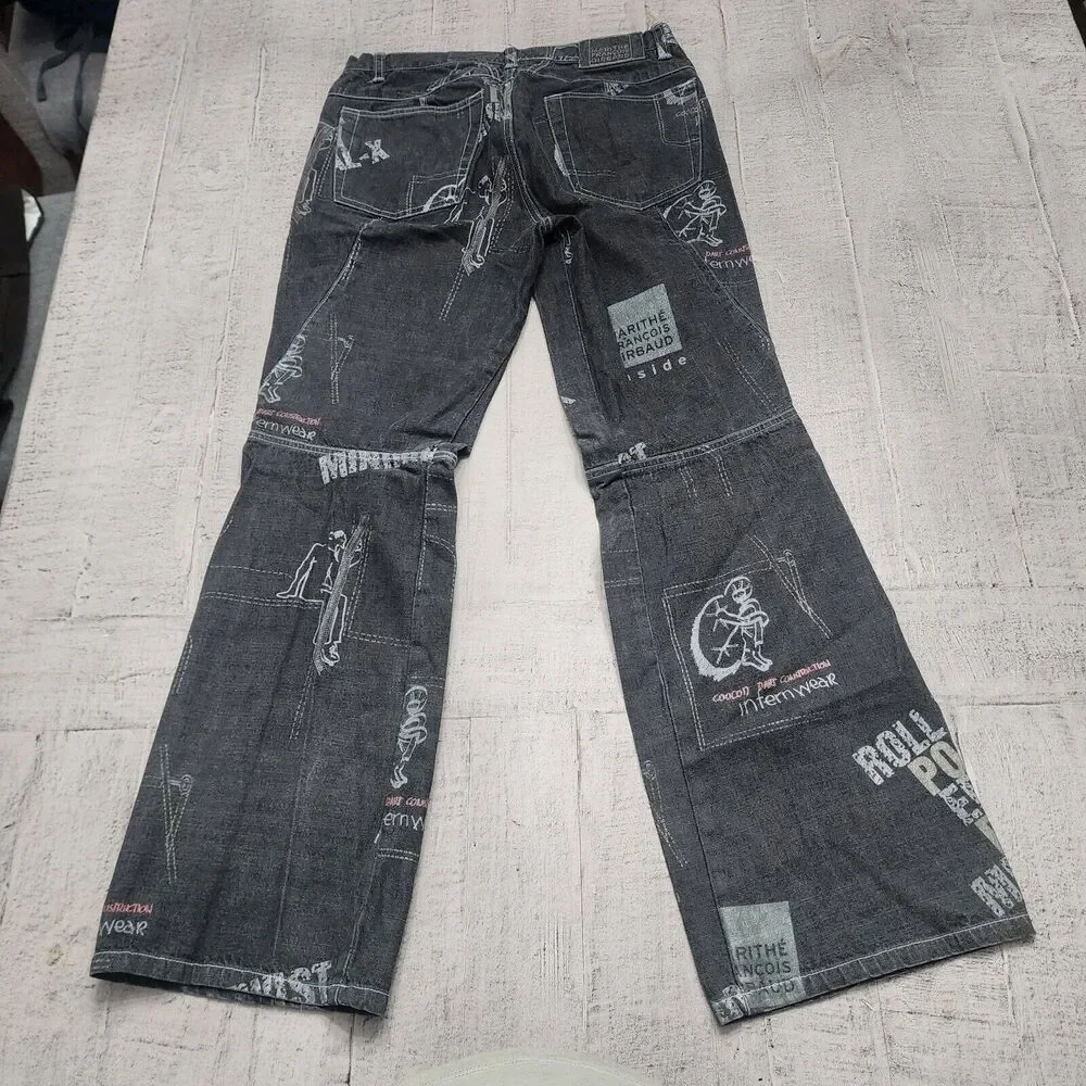 VINTAGE Marithe Francois Girbaud Jeans Men 29 Black All Over‎ Print 29x30 Flared